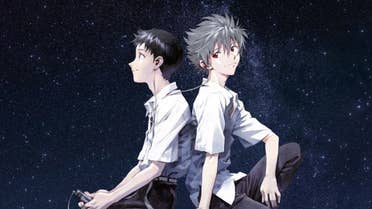 Neon Genesis Evangelion's Shinji and Kaworu sat back to back, each with an earphone in one air, the starry night sky in the background.
