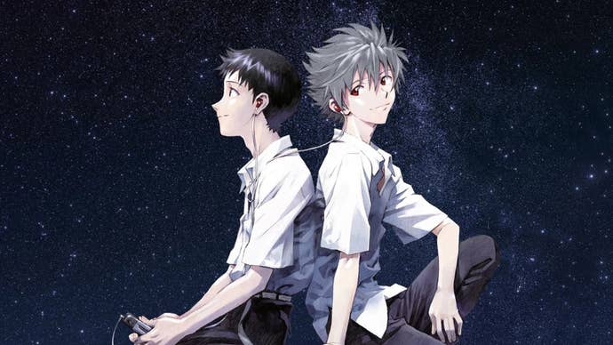 Neon Genesis Evangelion’s Shinji and Kaworu sat back to back, each with an earphone in one air, the starry night sky in the background.