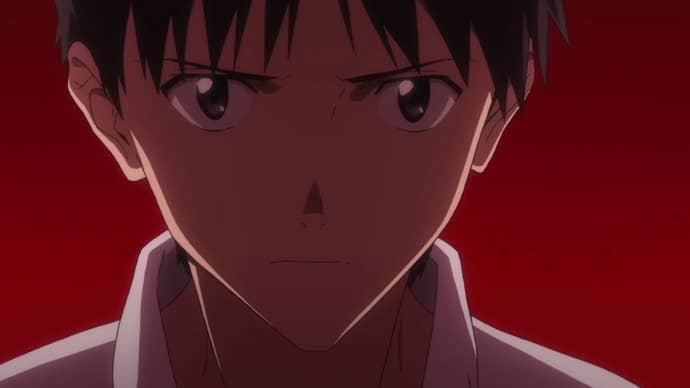 Evangelion main character Shinji staring with an intense look on his face in the final Rebuild movie.