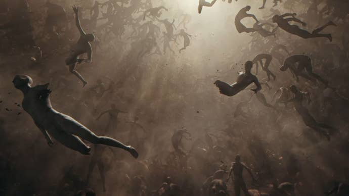 Hundreds of bodies float in space against a shimmering light.