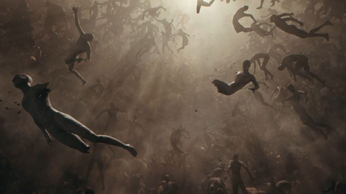 Ratusan mayat melayang di angkasa melawan cahaya yang berkilauan.