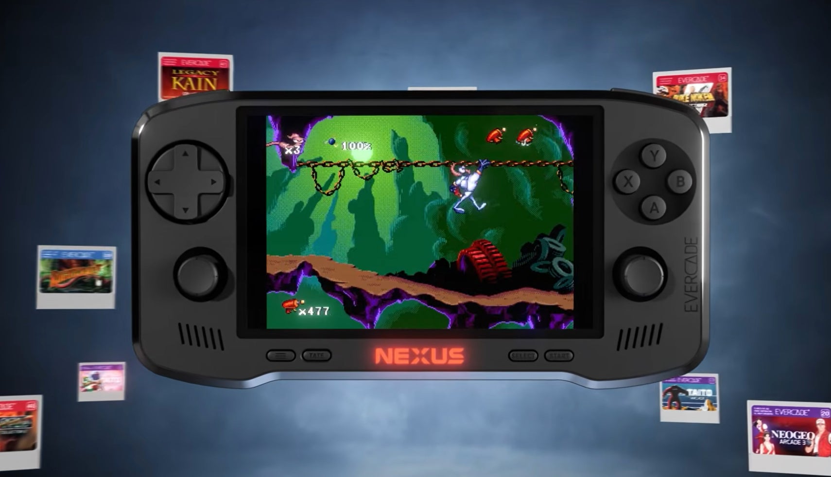 Promotional image showing the Evercade Nexus running Earthworm Jim, surrounded by Evercade cartridges.