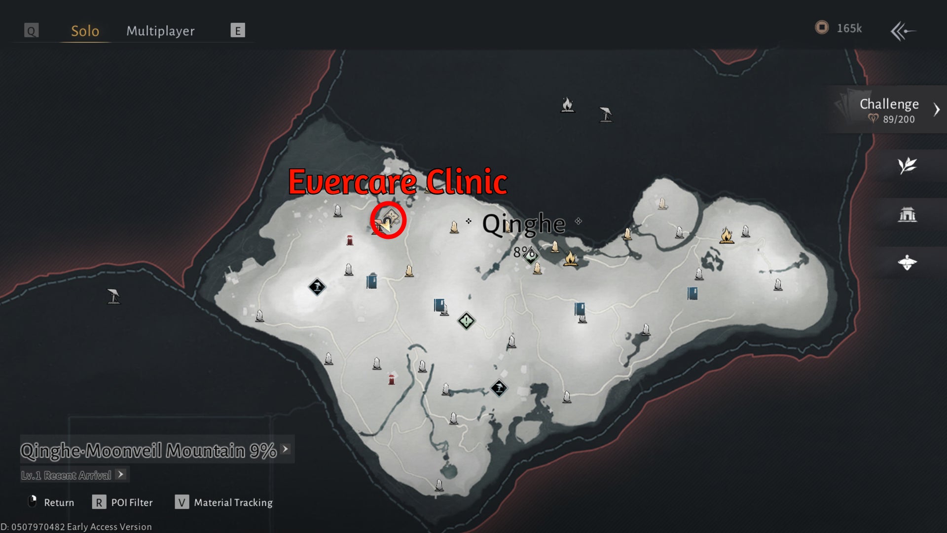 A map of Where Winds Meet showing the location of the Evercare Clinic. - 4