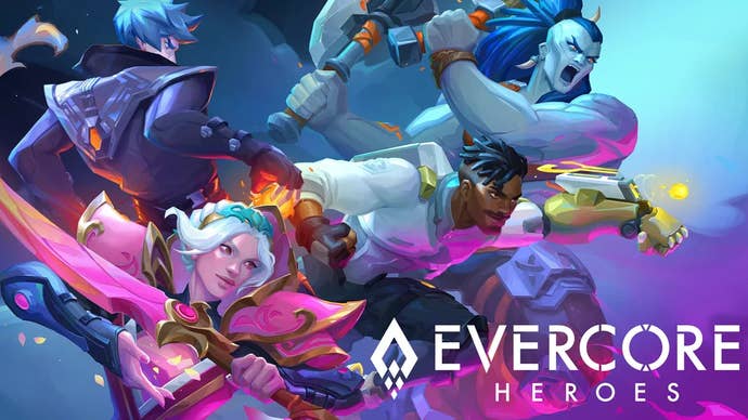 Key art for the original version of Evercore Heroes, showing several brightly coloured characters rushing to the right