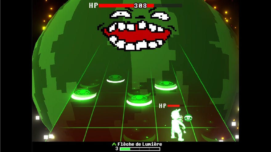 A large green globe cackles at a small human in Everhood 2