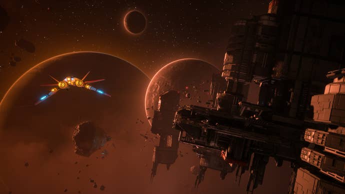 A spaceship is flying near a space station, multiple planets in the distance in Everspace 2.
