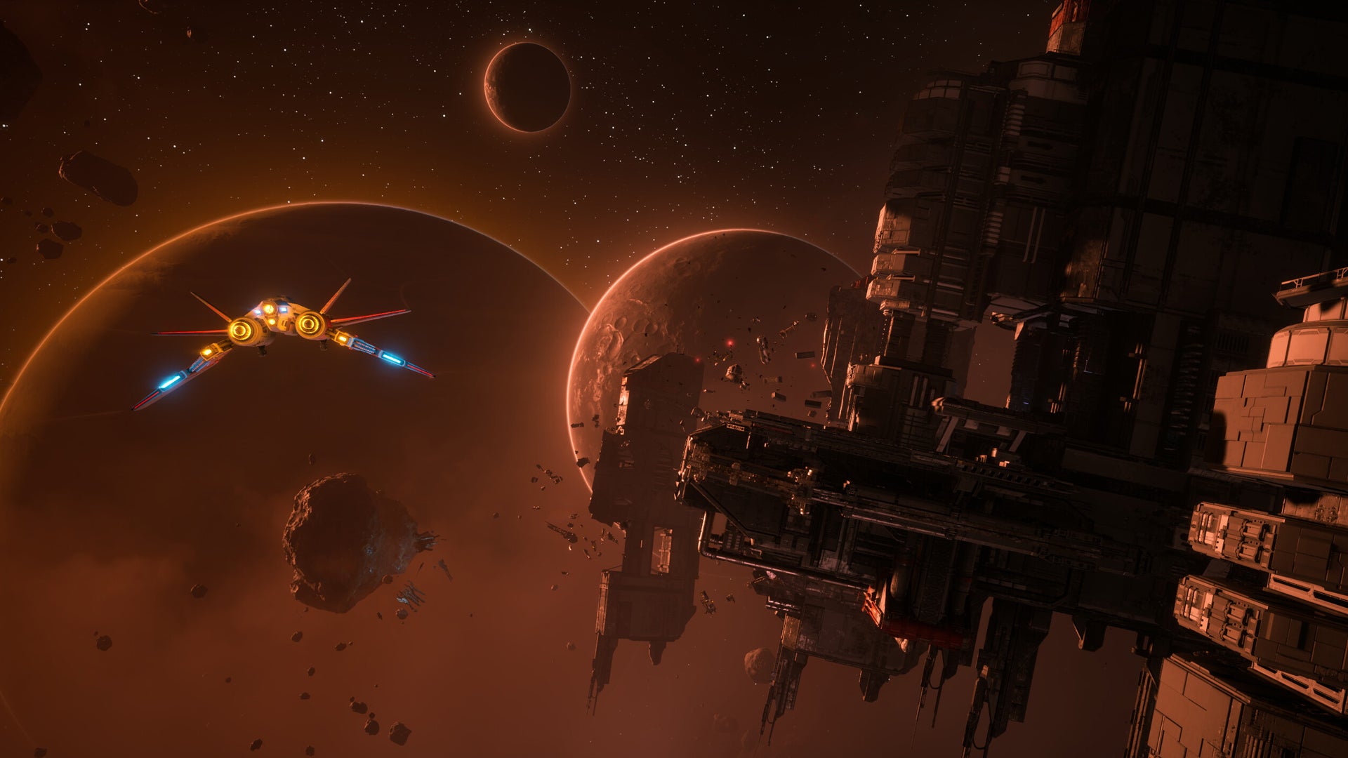 A spaceship is flying near a space station, multiple planets in the distance in Everspace 2. - 1