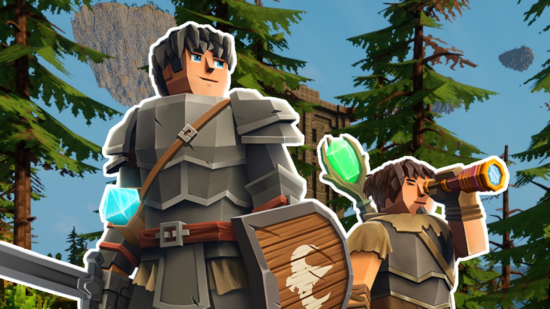 Image showing two illustrated characters from Everwind superimposed over an in-game island covered in trees.