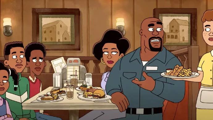 A still from Everybody Still Hates Chris showing Chris and family sat in a diner booth.