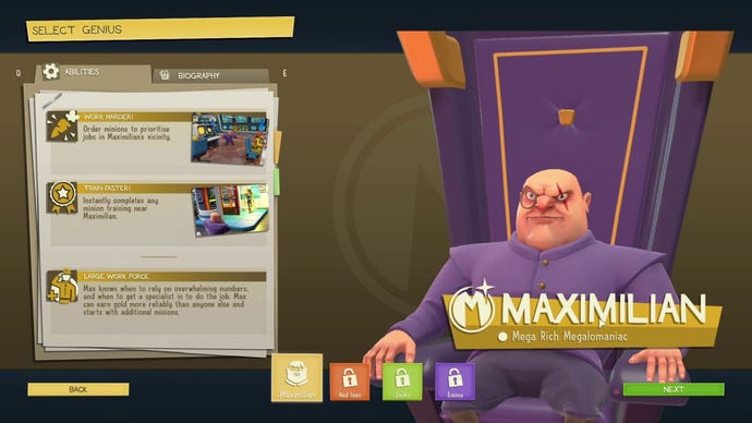 The character select screen at the start of Evil Genius 2, showing Maximillian, a bald, short, squat man in a purple suit. He’s sitting in a big purple chair, looking cartoonishly evil.