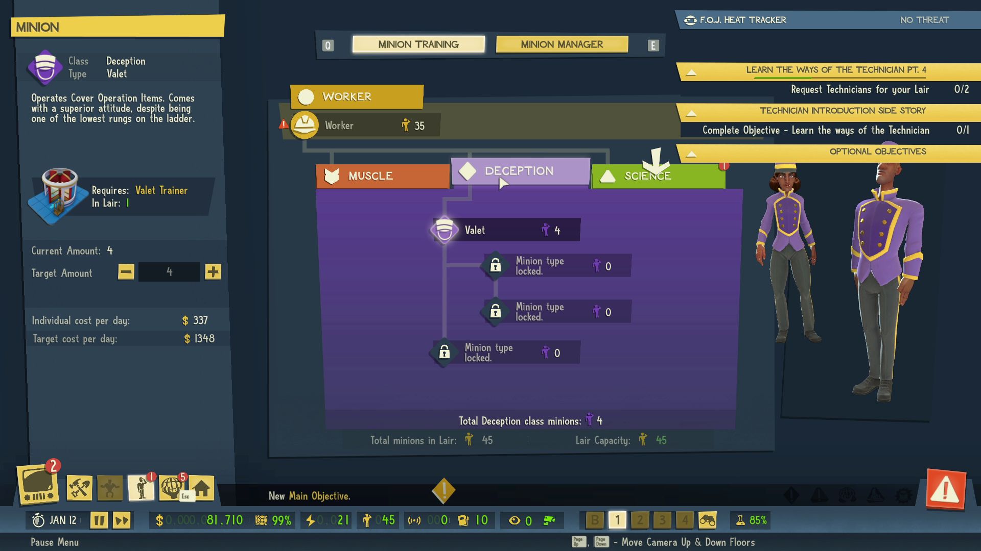 The minion manager menu screen in Evil Genius 2, showing the Deception minions - currently only Valets, who work in the casino, are unlocked.