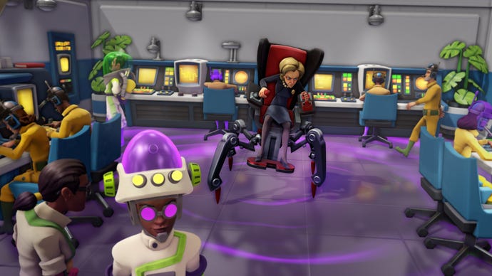 Emma, one of the villain’s from Evil Genius 2 who rides a scary spider chair.