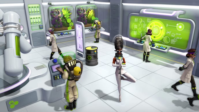 A gaggle of scientists in Evil Genius 2, they’re wearing lab coats and looking at freaky green fluids.