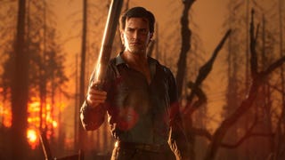 An in-game image of Evil Dead: The Game showing a digital version of Ash Williams brandishing a shotgun in a burning forest.
