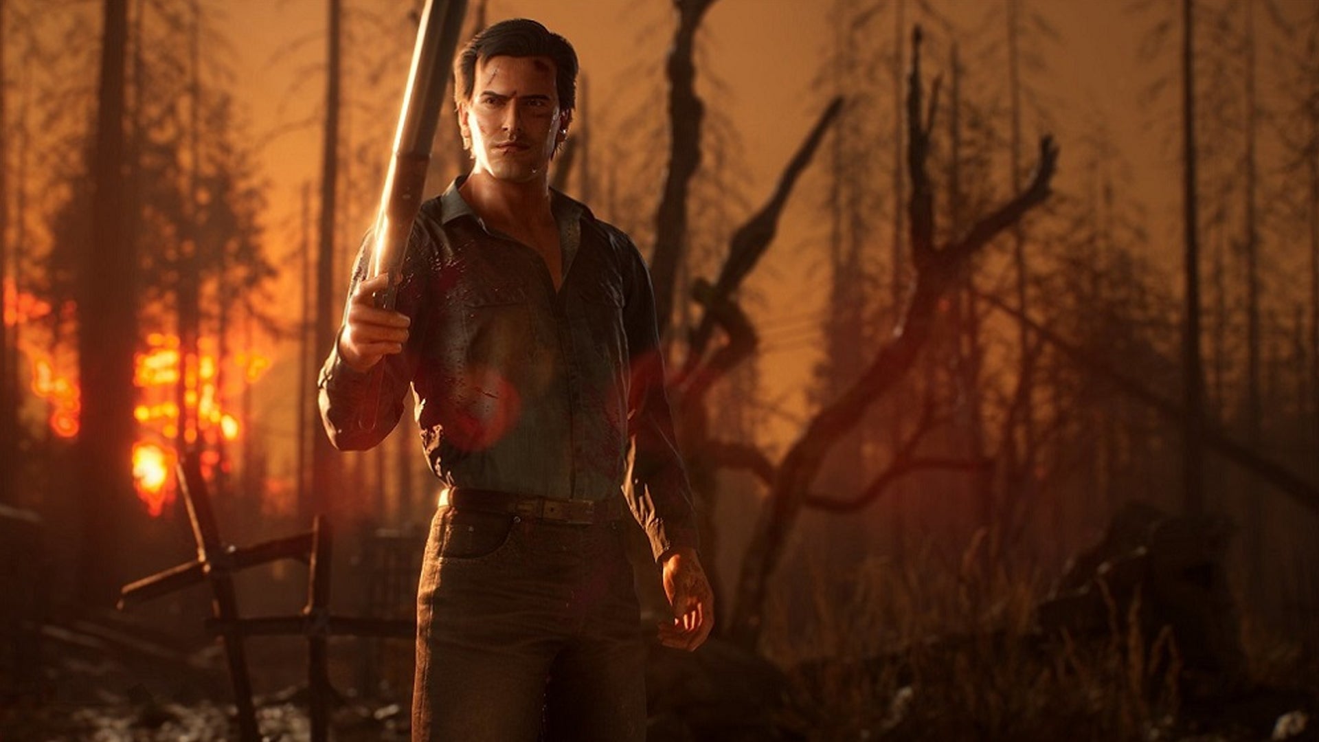 Ash Williams stood in the woods at sundown holding a shotgun in Evil Dead: The Game. - 1
