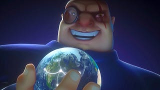 Maximilian from Evil Genius 2: World Domination laughing while holding a little ornament in his hands that looks like Earth