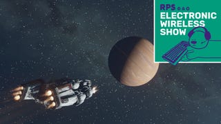 The player's ship in Starfield flying towards a planet. The Electronic Wireless Show green podcast logo is visible in the top right corner