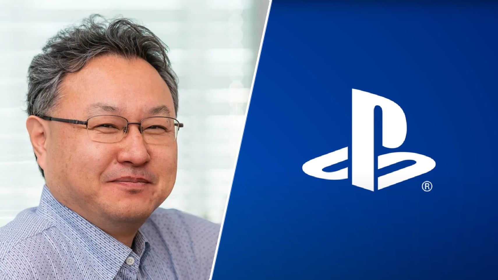 Shuhei Yoshida next to a PlayStation logo. - 1