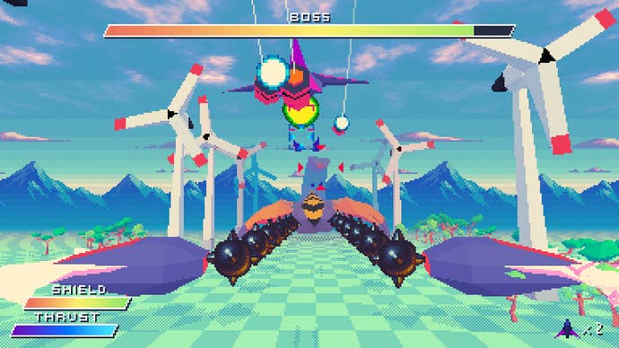 A screenshot of Ex-Zodiac showing a ship flying towards a large lobster-like boss enemy, flanked on both sides by wind turbines, in a retro 3D style.