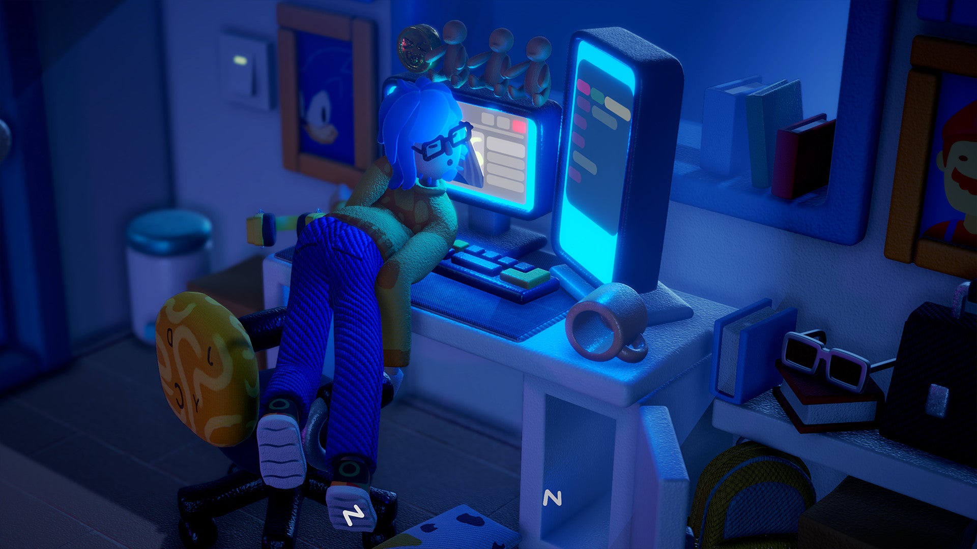 A surprisingly comfortable sleeping position in an Exhausted Man screenshot.