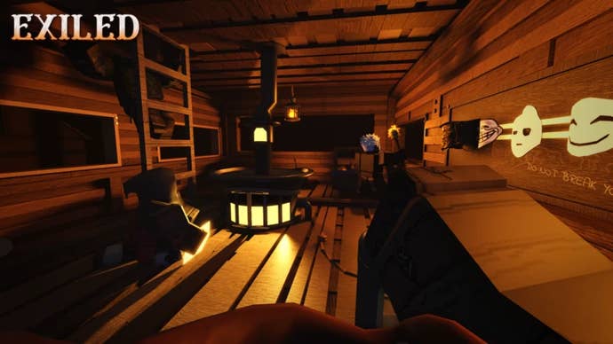 A promotional image for the Roblox game Exiled showing one of the game’s dimly lit locations.