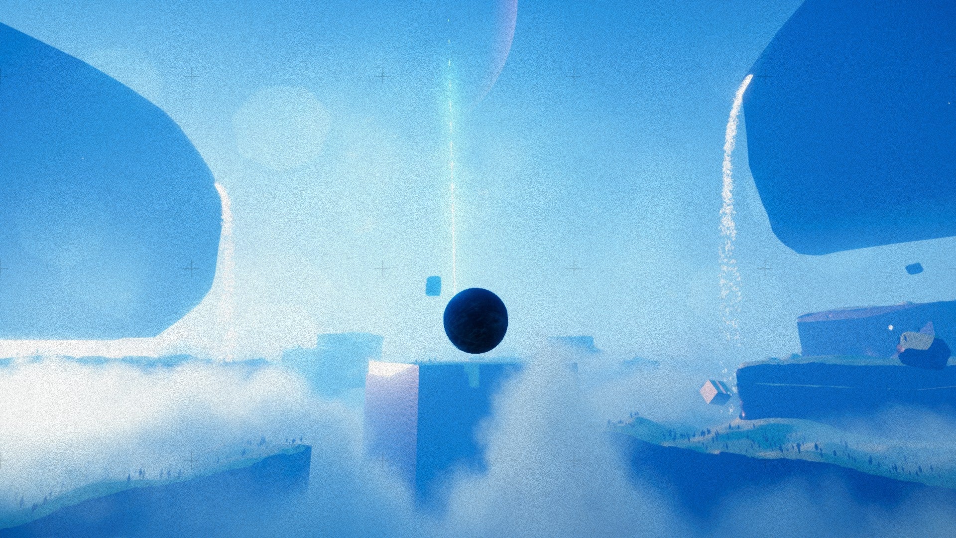 An Exo One screenshot showing a dark ball, seemingly floating in place, surrounded by misty blue skies and what appear to be floating islands. - 8