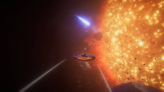 A screenshot of Exo One showing a disc rocketing towards a star.