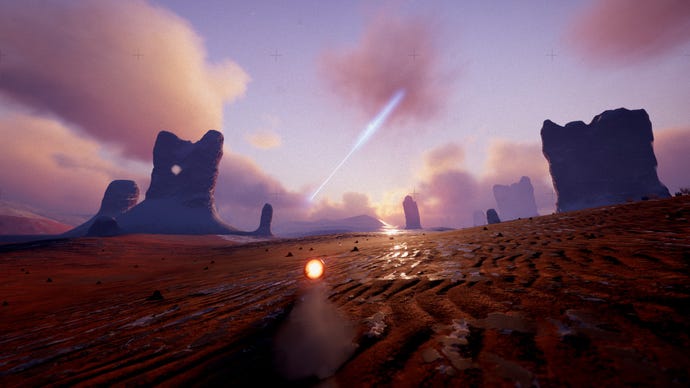 A flying disc soars across the sky in Exo One