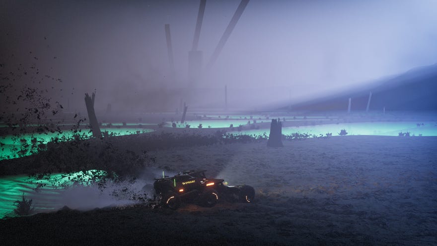A buggy races across an alien planet in an Exo Rally Championship screenshot.