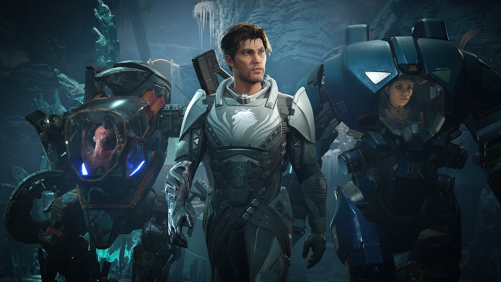 A sci-fi scene. Three characters walk together. The middle character is in front and is masculine with with brown hair, white skin, a scar and a grey space combat suit on. To their left and right are characters in mech suits. One is a feminine humanoid by the looks of things, and the other is, I kid you not, an octopus. The game is Exodus.