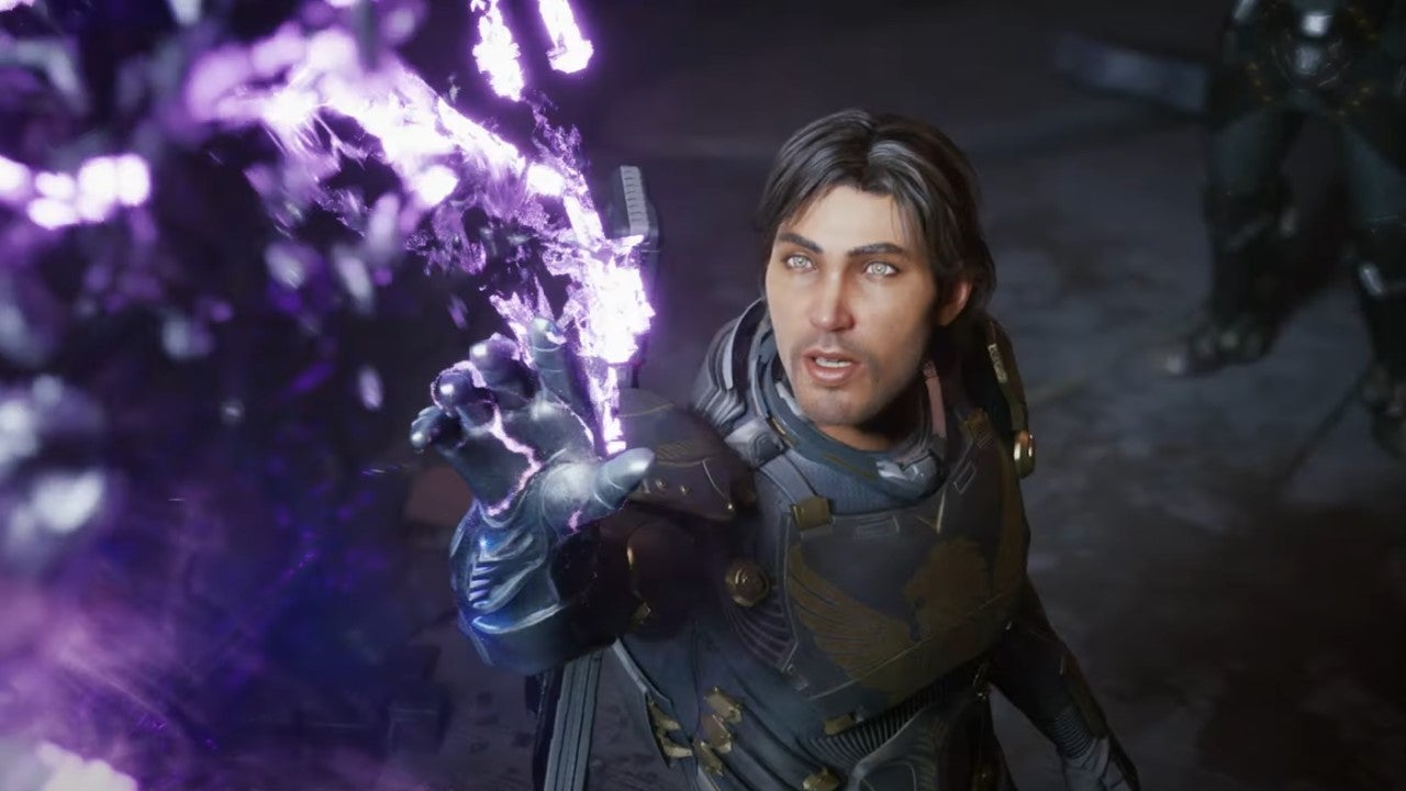 The protagonist reaches his hand upwards to purple celestial tech in wonder. - 1