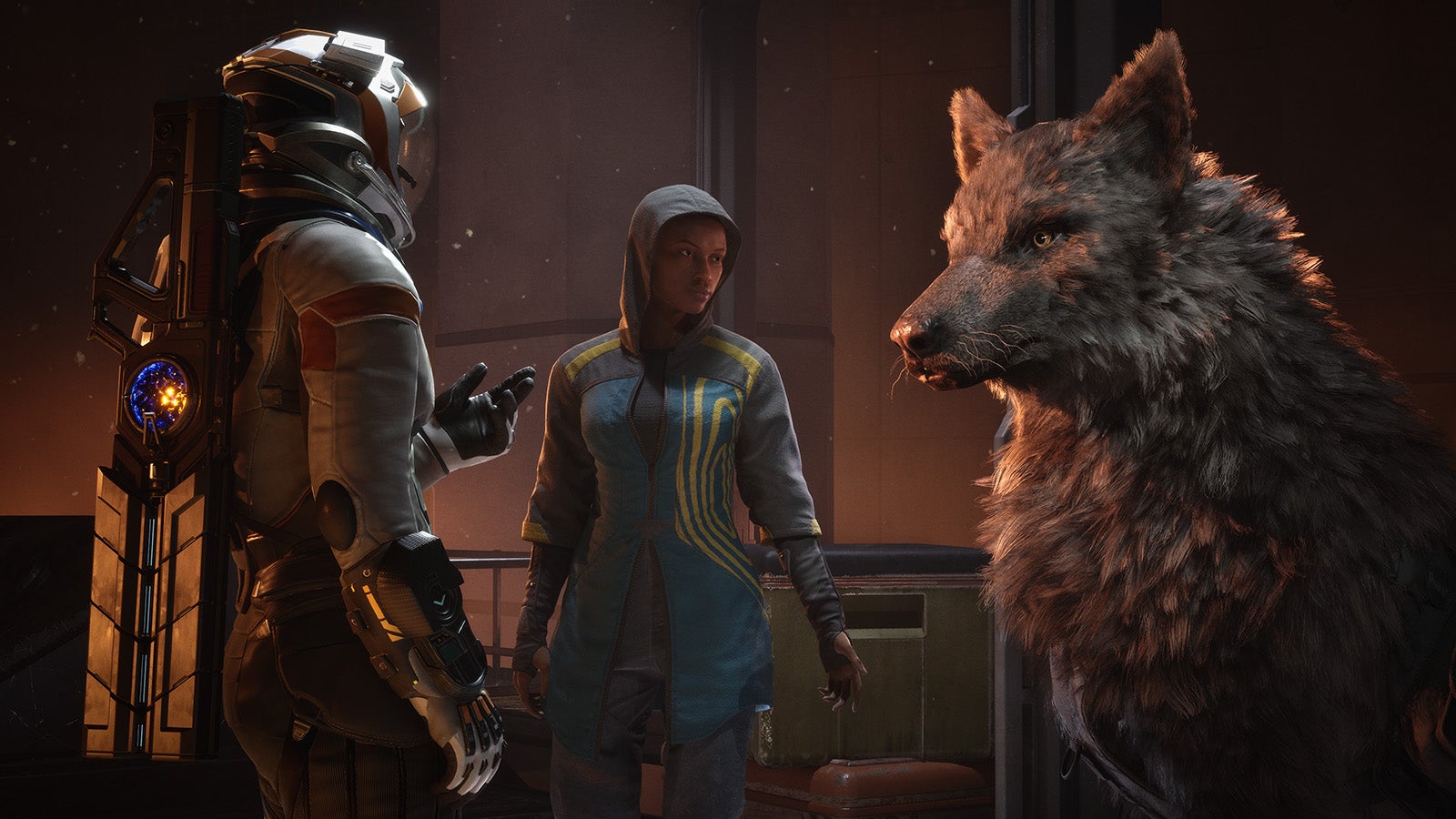 A character wearing a space helmet and spacey armour, a character in a hood and no helmet, and a gigantic wolf, stand, um, talking to each other? That's what it looks like. What's the wolf got to say, I wonder?