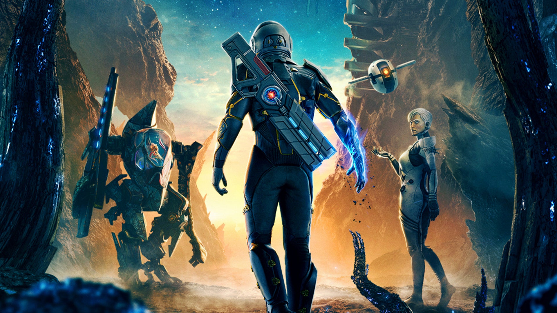 Generic sci-fi people are walking through a cavern in key art for Exodus. - 1