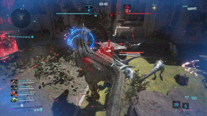 A T-Rex dominator invades the enemy world and causes carnage in Exoprimal.