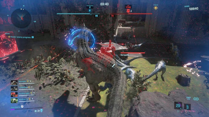 A T-Rex dominator invades the enemy world and causes carnage in Exoprimal.