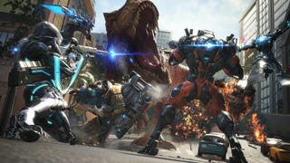 Exoprimal screenshot showing players shooting at a loose T-Rex