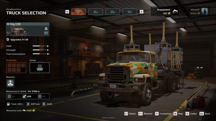 A screenshot from Expeditions: A Mudrunner Game, which shows a truck in a garage.