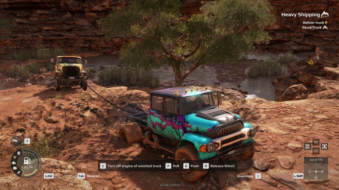 A small jeep tows another jeep through a rocky outcrop in Expeditions: A Mudrunner Game
