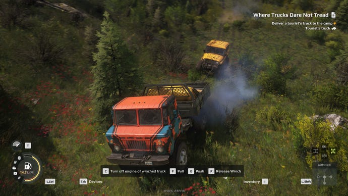 A large truck tows a smaller jeep through some fields in Expeditions: A Mudrunner Game.