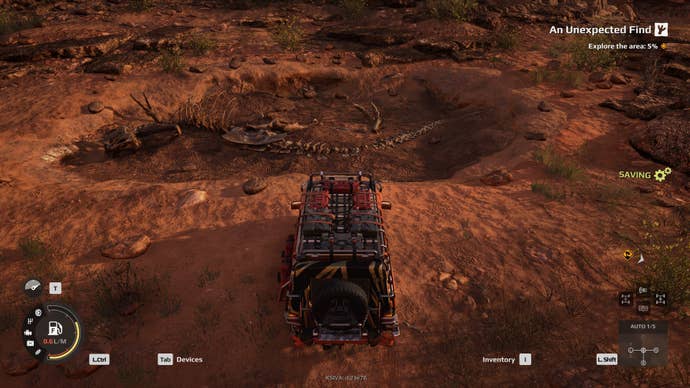 A truck next to some dinosaur bones in Expeditions: A MudRunner Game.