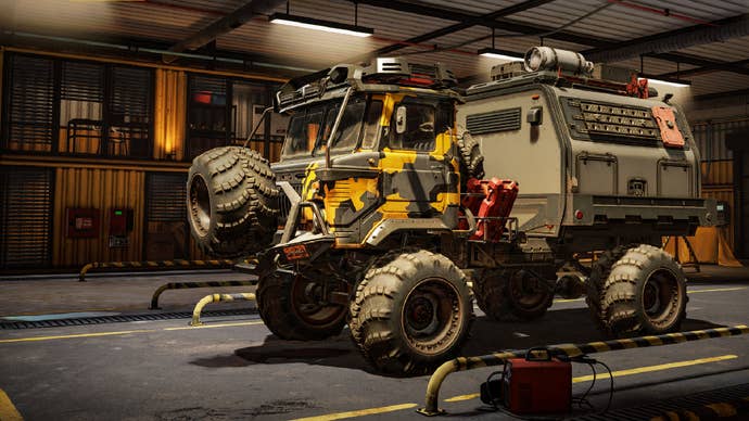 A truck in the garage in Expeditions: A MudRunner Game.