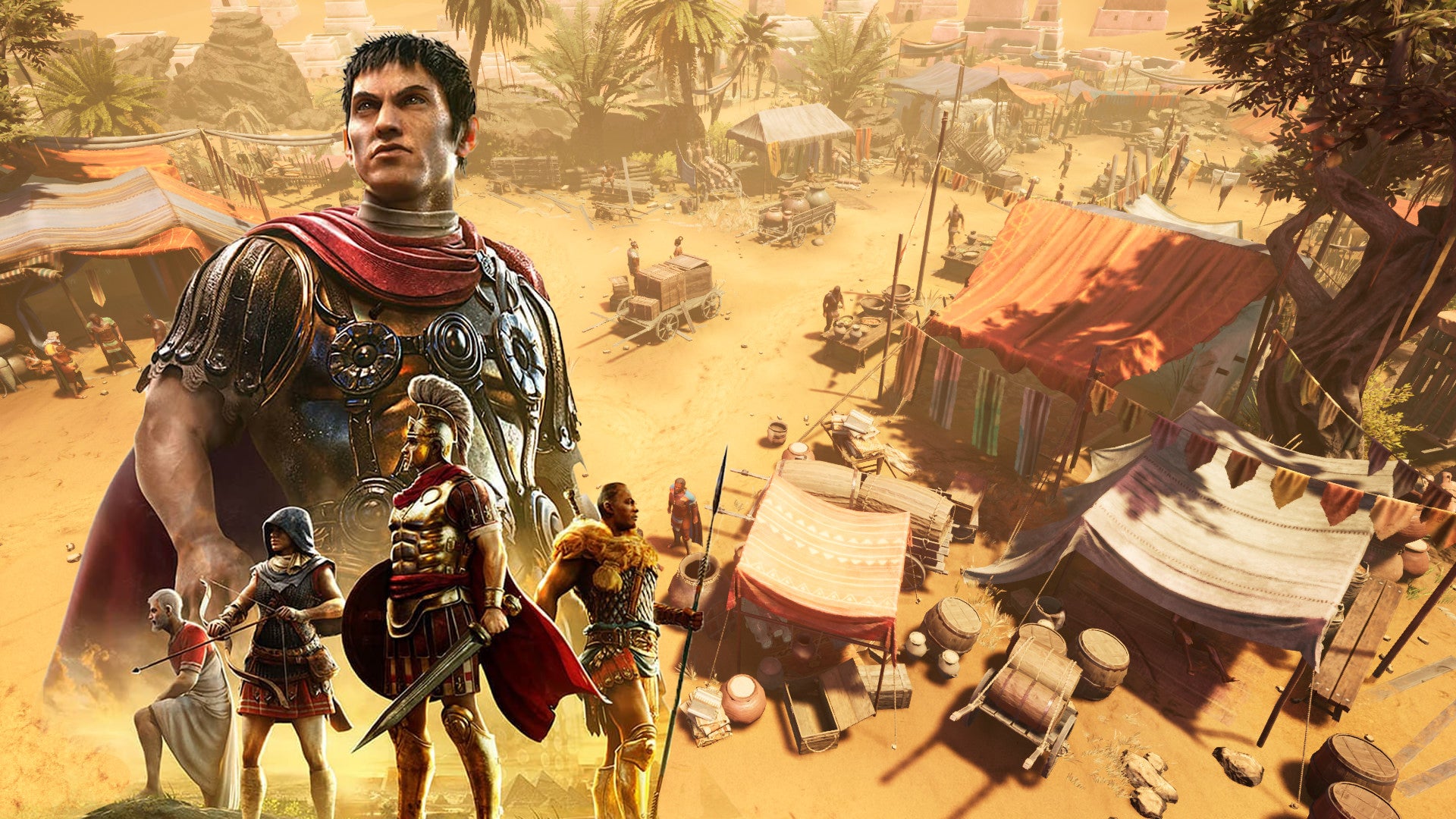 A Roman soldier looks into the distance, superimposed on a top-down view of a desert market. - 1