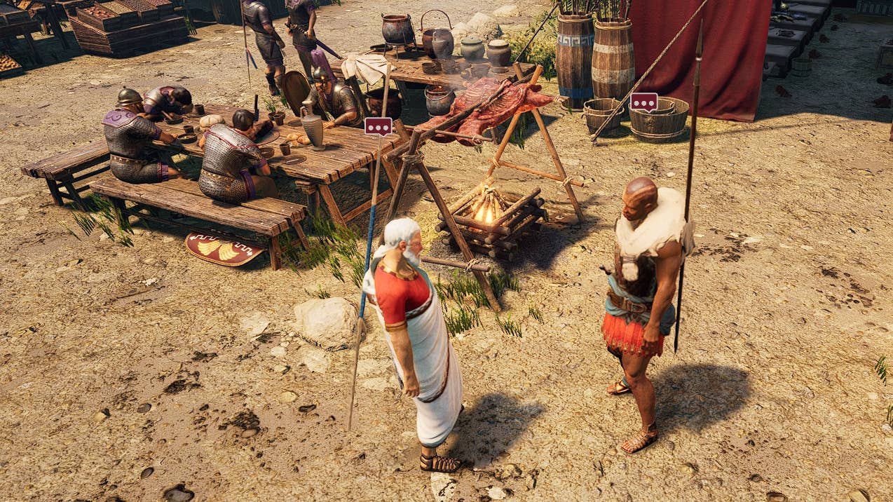 Two small Romans stand chatting by a campfire in Expeditions: Rome