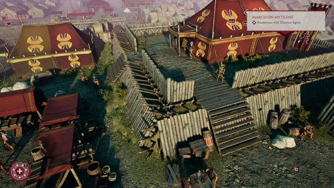 A wide shot in Expeditions: Rome showing the general’s tent on a raised section at the centre of the legionaries' camp