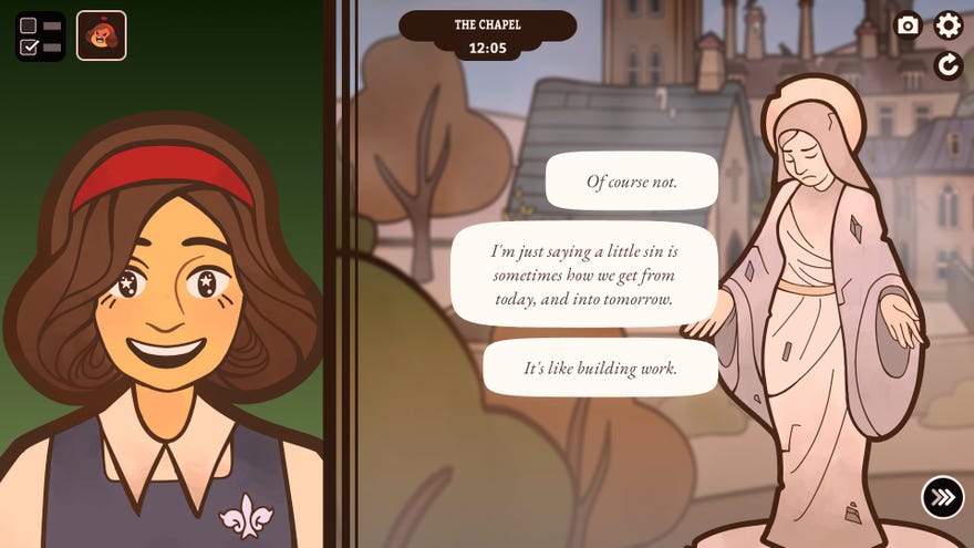 A statue of a nun explains the request   to beryllium  evil to the protagonist of Expelled!