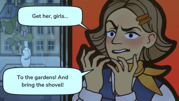 A screenshot from Expelled showing a scheming school girl saying the words, “Get her, girls… To the garden! And bring the shovel!"