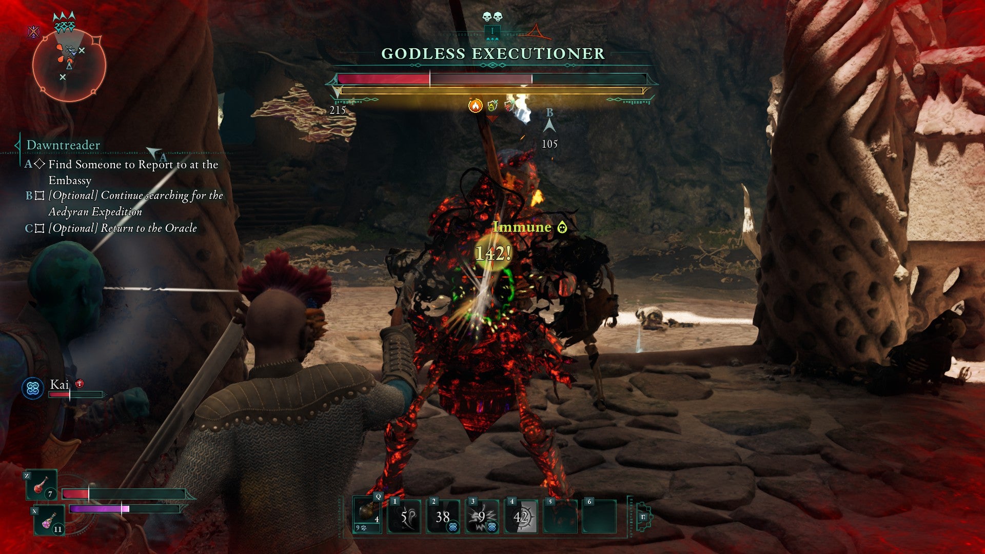 Firing a flintlock pistol at a boss called the Godless Executioner in Avowed. A critical hit results, dealing 142 damage. - 11