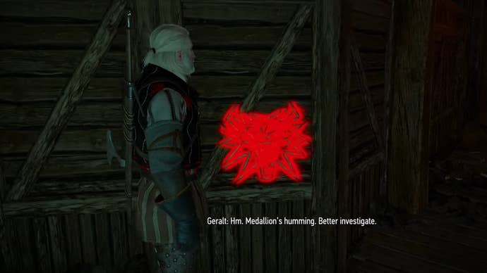 Witcher 3 Netflix quest: A man in red and black striped padded armor looks at a wooden wall, on which is emblazoned a red wolf emblem