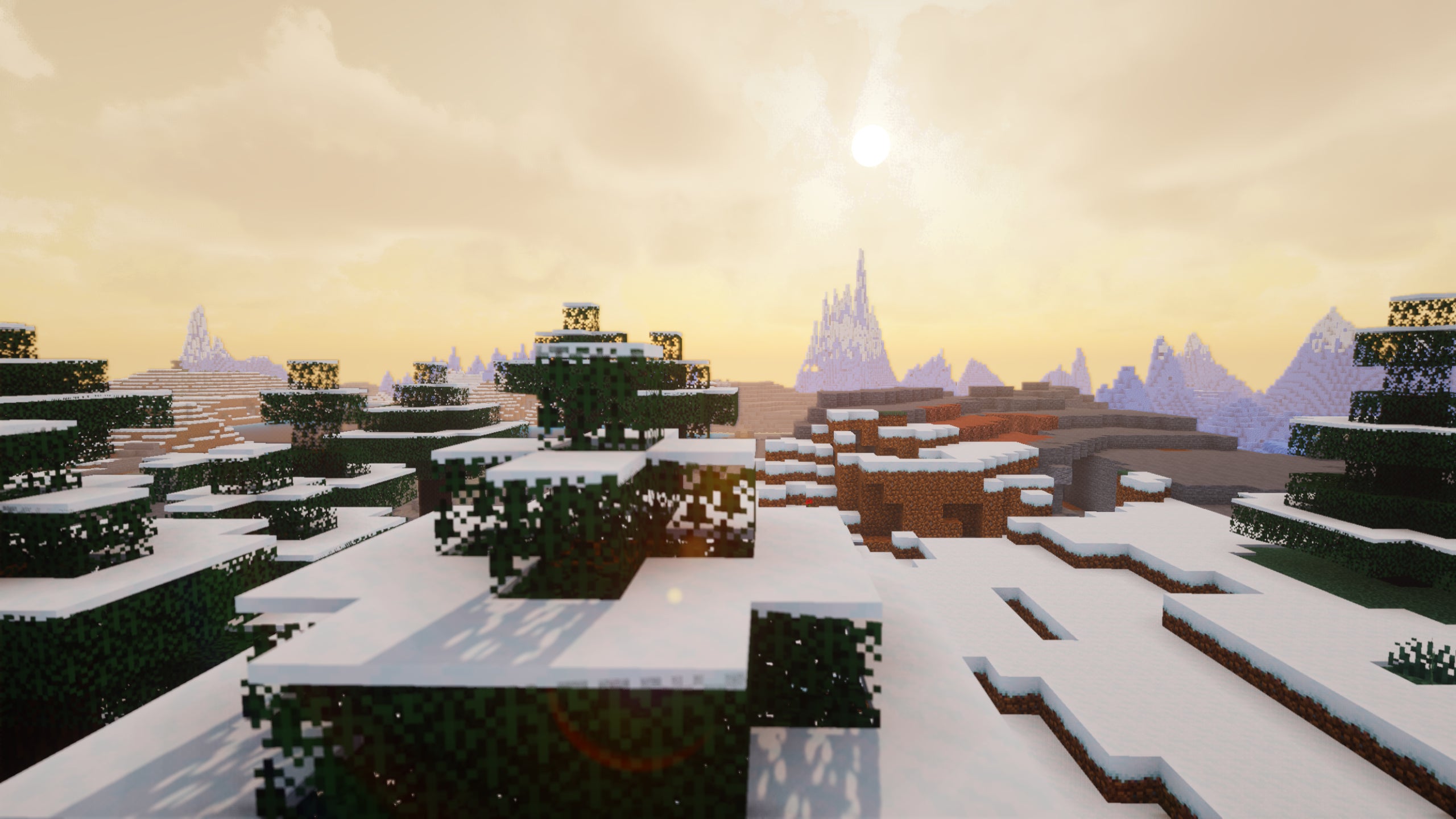 The tops of snow-capped trees in Minecraft showcasing Exposa Shaders.