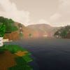 A screenshot of a river in Minecraft, with some trees on either side of the bank and a hill in the distance, taken using Exposa shaders.